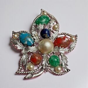 Sarah Coventry Multi Color Cabochon Leaf Brooch Silver Tone 2.25 Inch